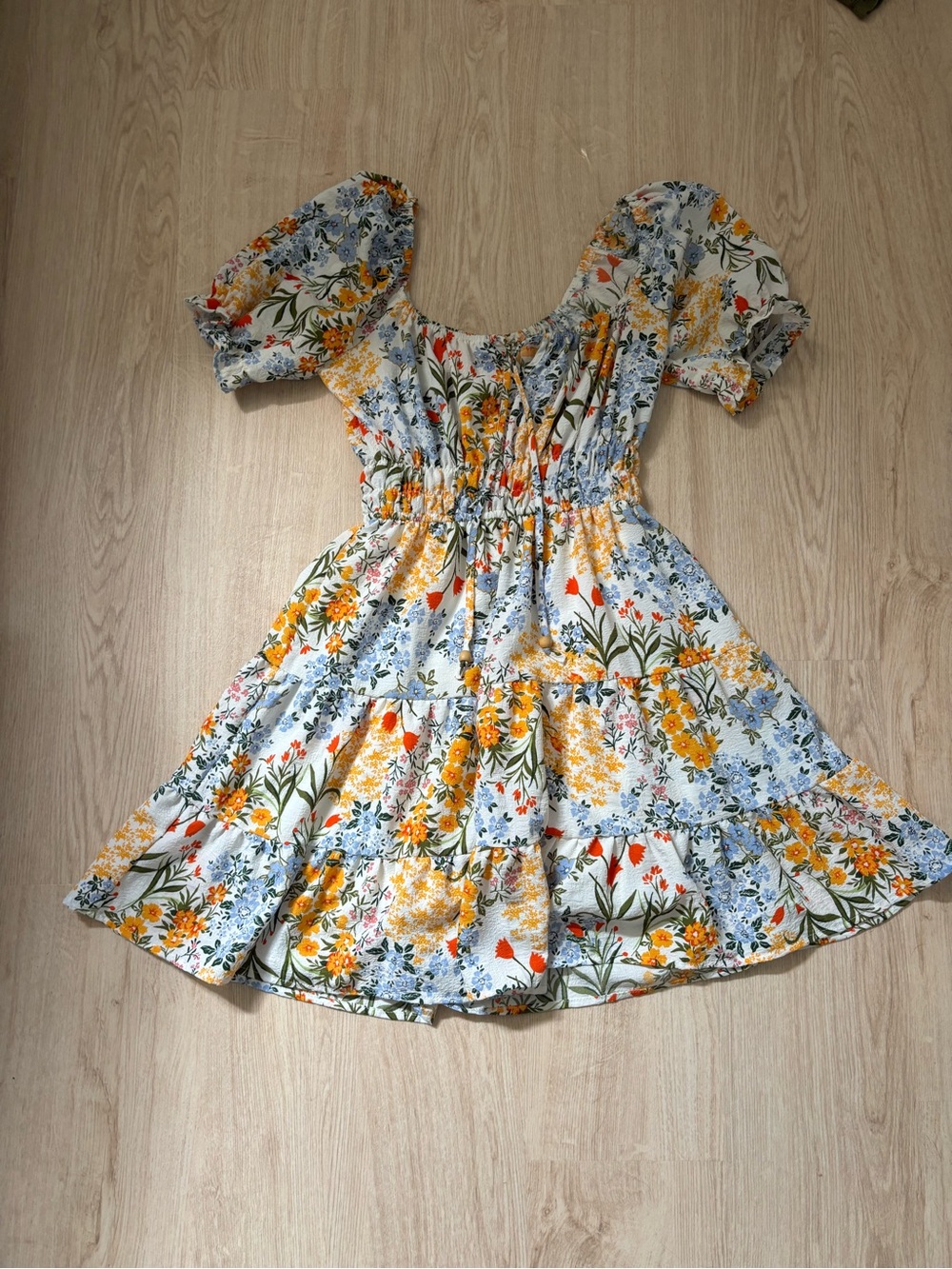 Liberty Love Blue Floral Puff-Sleeve Dress with Yellow Accents